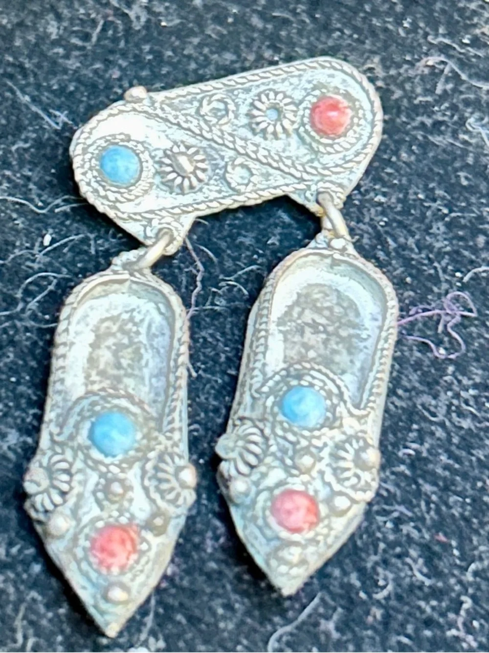 Antique Vintage Deco 900 Sterling Silver Turquoise, Shoe Pin Brooch 4.2 g